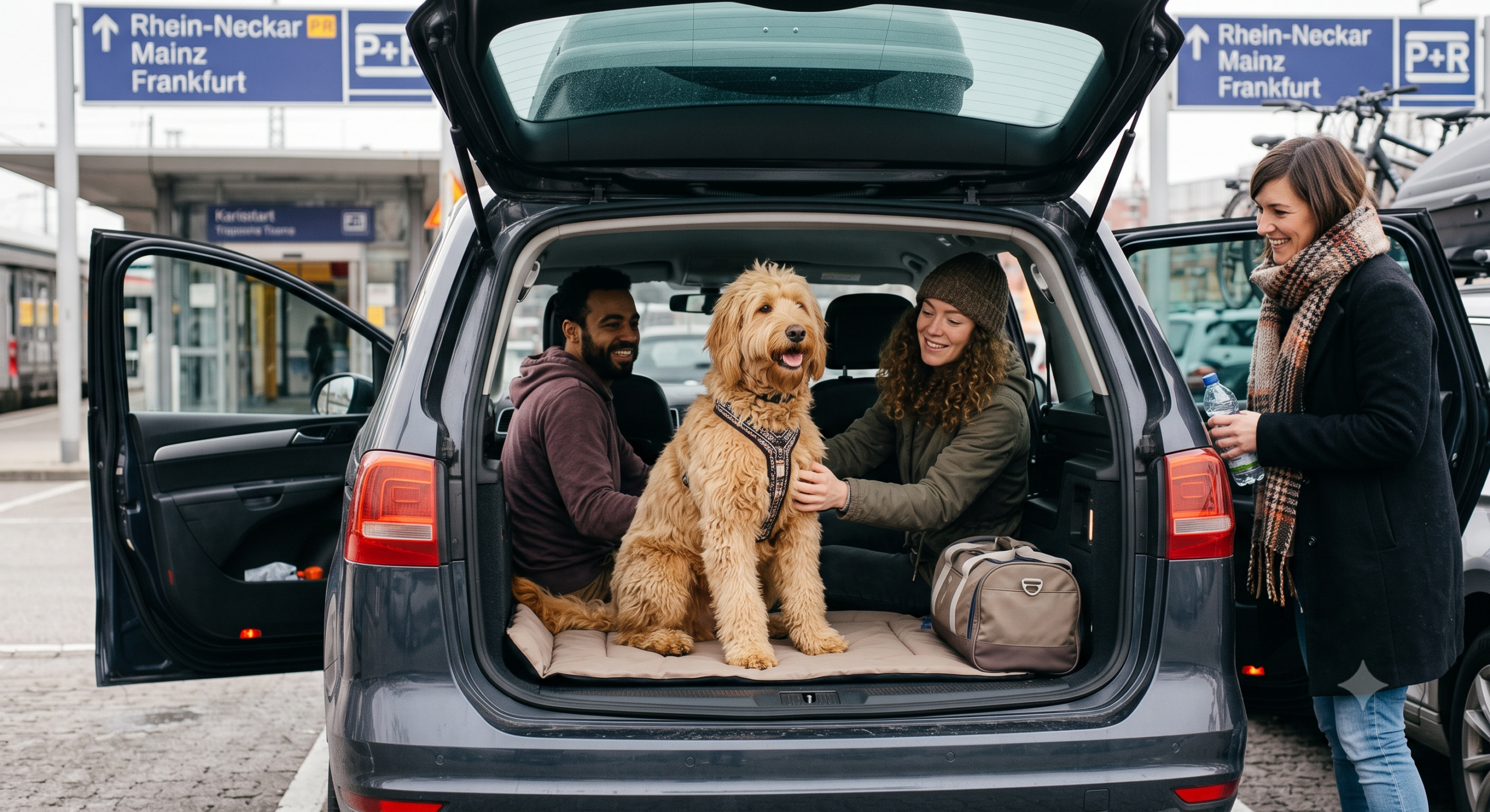 Mitfahrgelegenheit mit Hund – Reisende mit Hund am offenen Kofferraum eines Autos